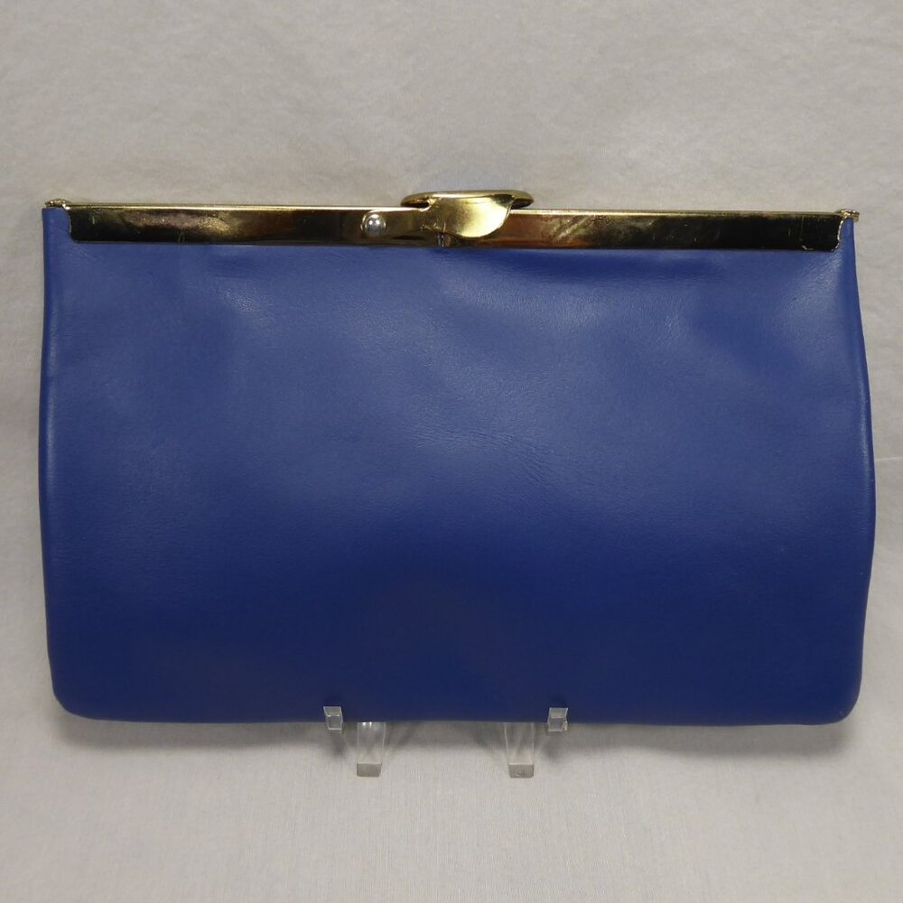 Vintage 50s 60s ETRA Navy Blue Leather Clutch Purse Evening Bag Gold Chain Strap - Picture 3 of 11